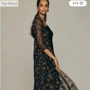 Anthropologie BLNK Duster Kimono Embroidered Black with Floral - OS